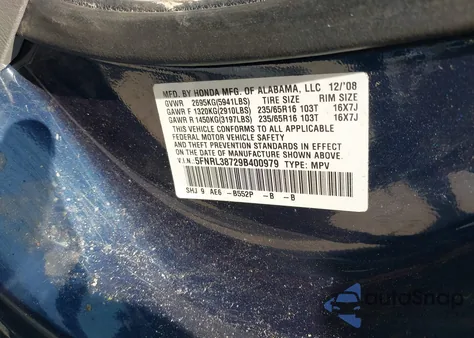 2009 Honda Odyssey Ex-L z USA, uszkodzony, nr VIN 5FNRL38729B400979